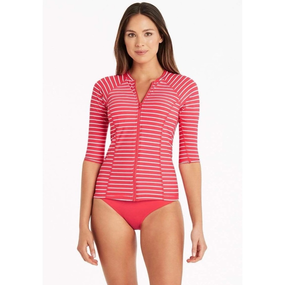 Sea Level Woman Coral Stripe Chamarel 3/4 Sleeve Rash Zip-Up Vest Swimwear US4